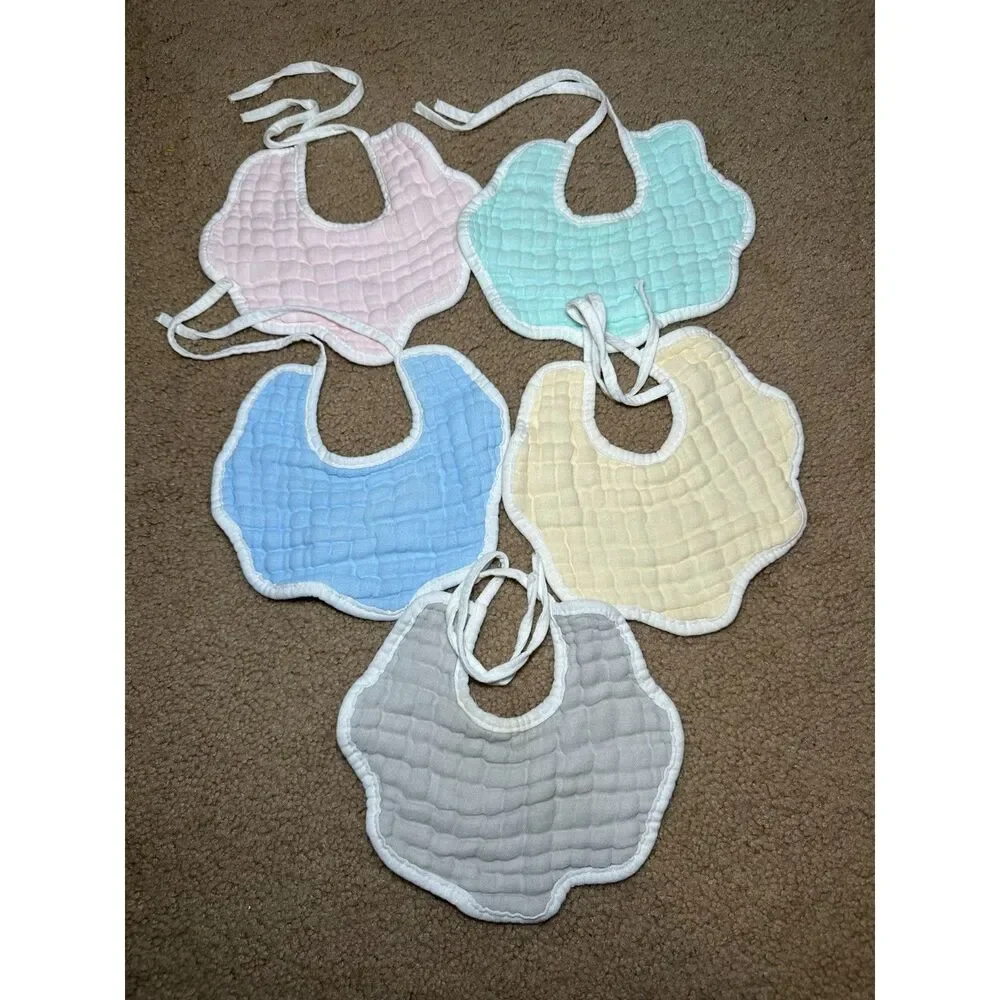 5 Scallop Edge, Pastel Color, Muslin Material Baby Bibs, White Trim, 100% Cotton